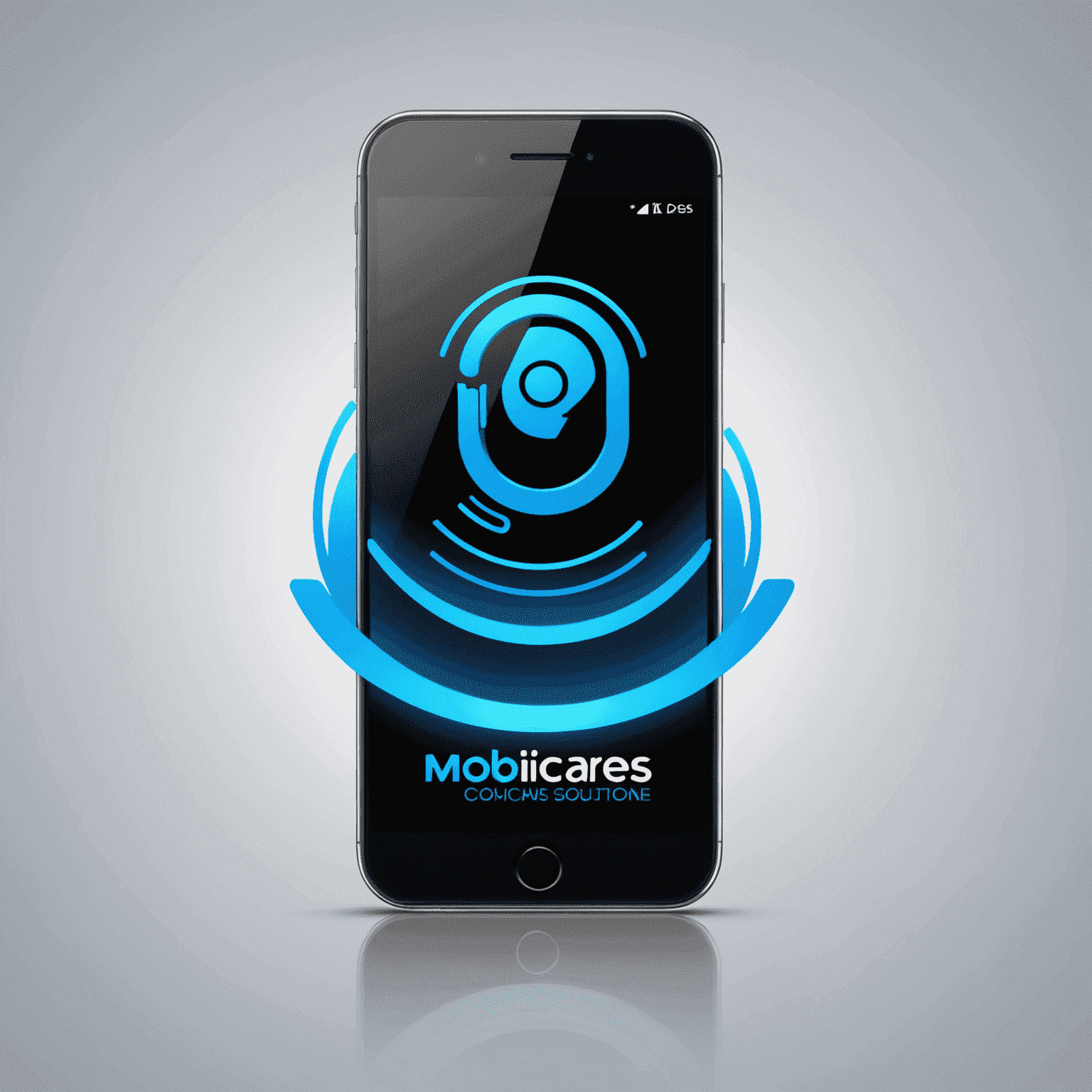 MobiCaress شعار - شركة حلول الاتصالات المتنقلة مع تصميم عصري وألوان نيون زرقاء