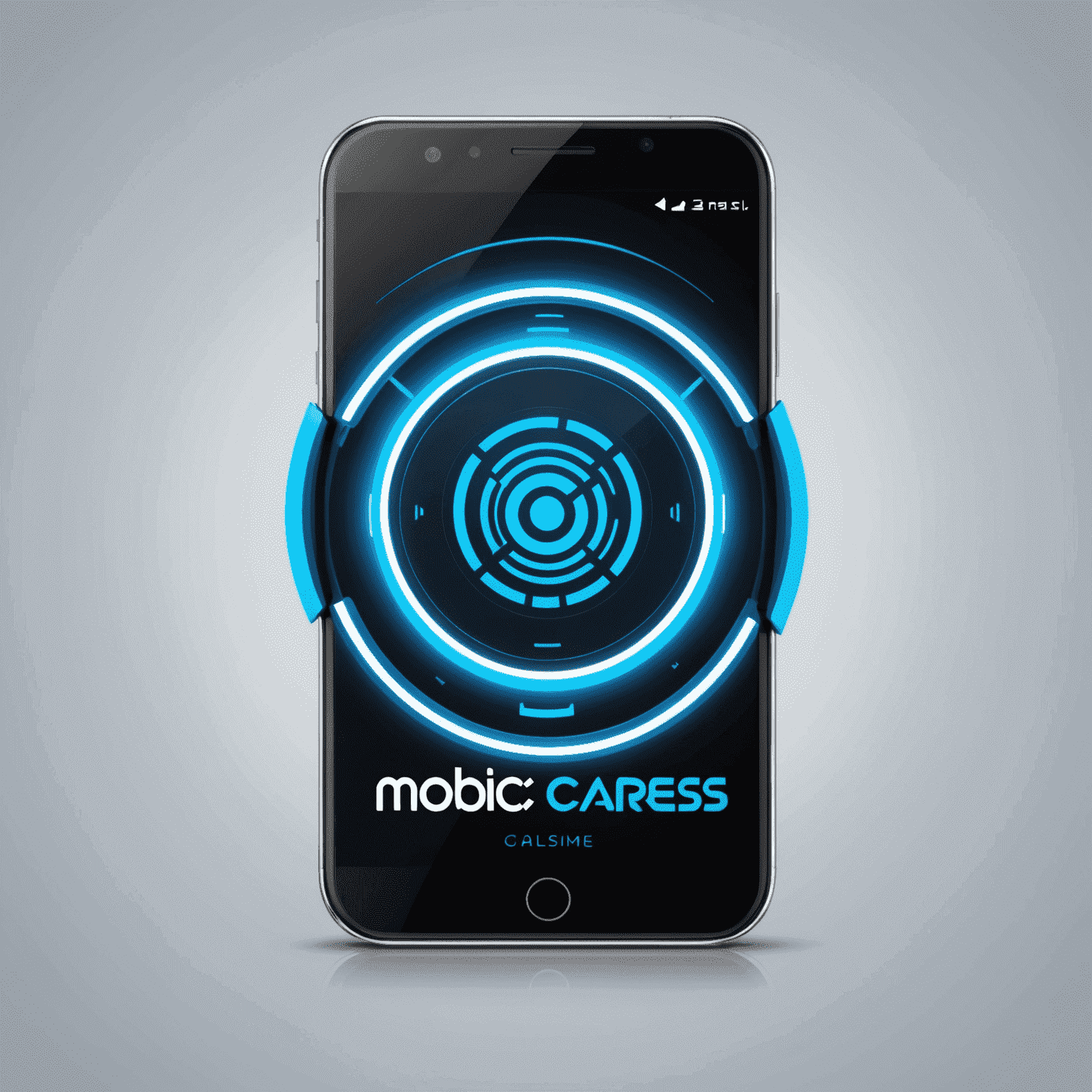 MobiCaress شعار - شركة حلول الاتصالات المتنقلة مع تصميم عصري وألوان نيون زرقاء