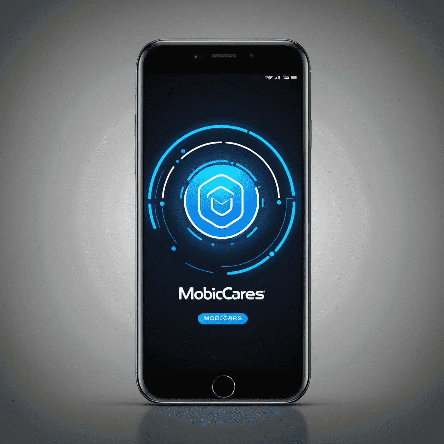 MobiCaress شعار - شركة حلول الاتصالات المتنقلة مع تصميم عصري وألوان نيون زرقاء