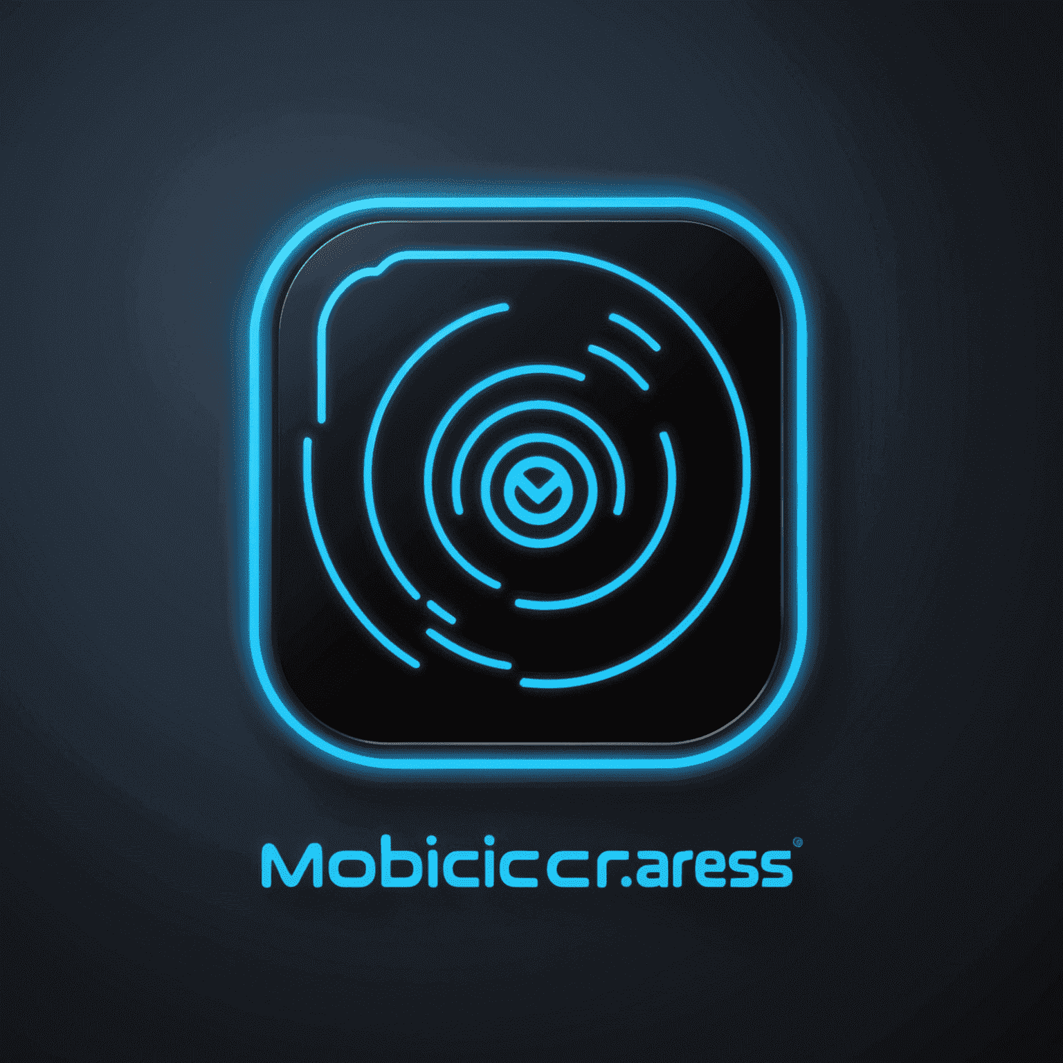 MobiCaress شعار - شركة حلول الاتصالات المتنقلة مع تصميم عصري وألوان نيون زرقاء