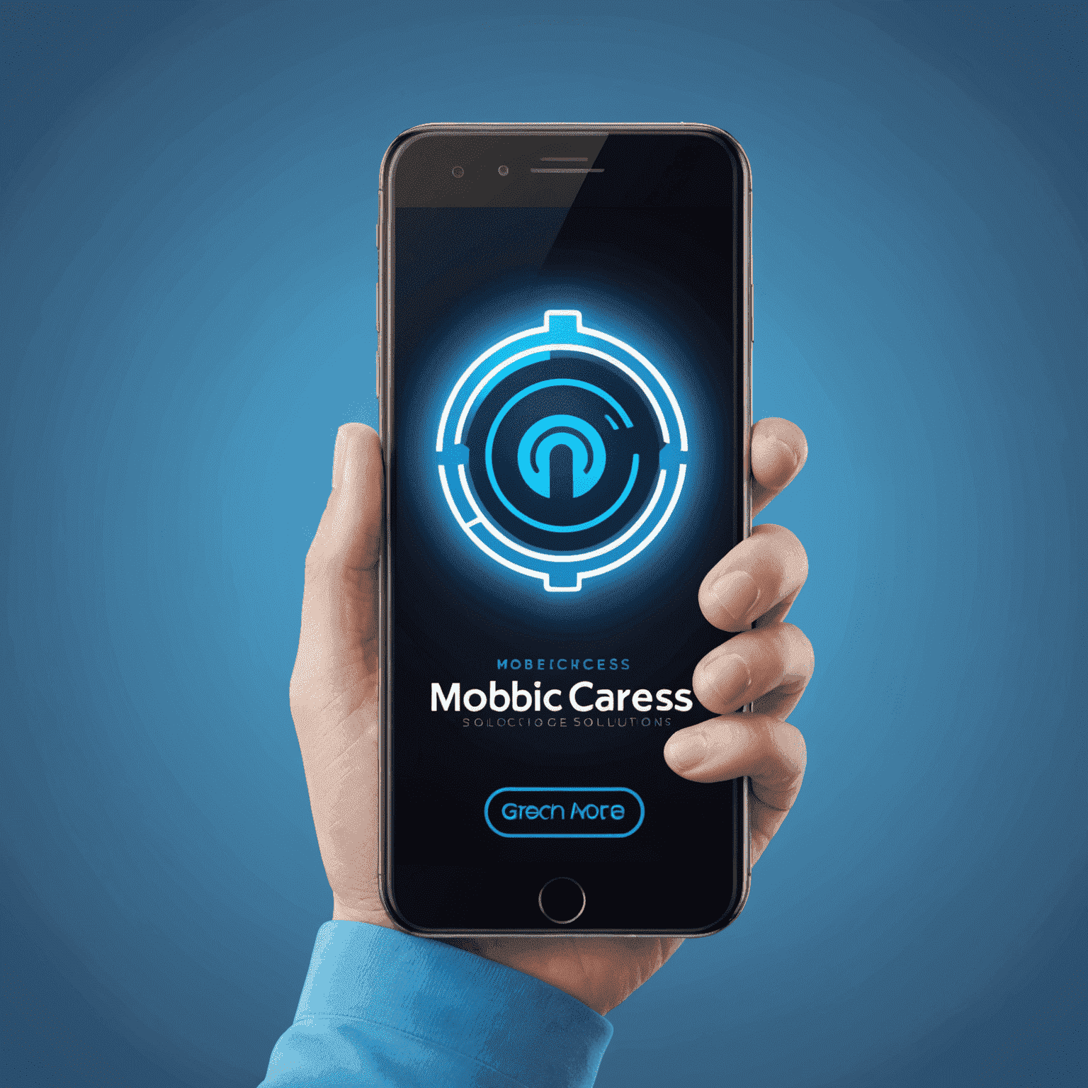 MobiCaress شعار - شركة حلول الاتصالات المتنقلة مع تصميم عصري وألوان نيون زرقاء