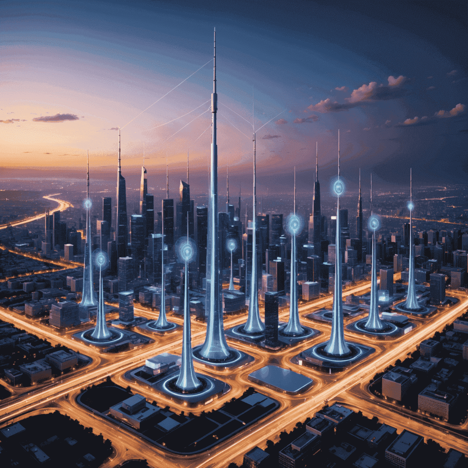 صورة توضيحية لتقنية الجيل الخامس 5G، تظهر أبراج اتصالات متطورة تبث موجات لاسلكية عالية السرعة، مع رسوم بيانية تمثل سرعة نقل البيانات الفائقة