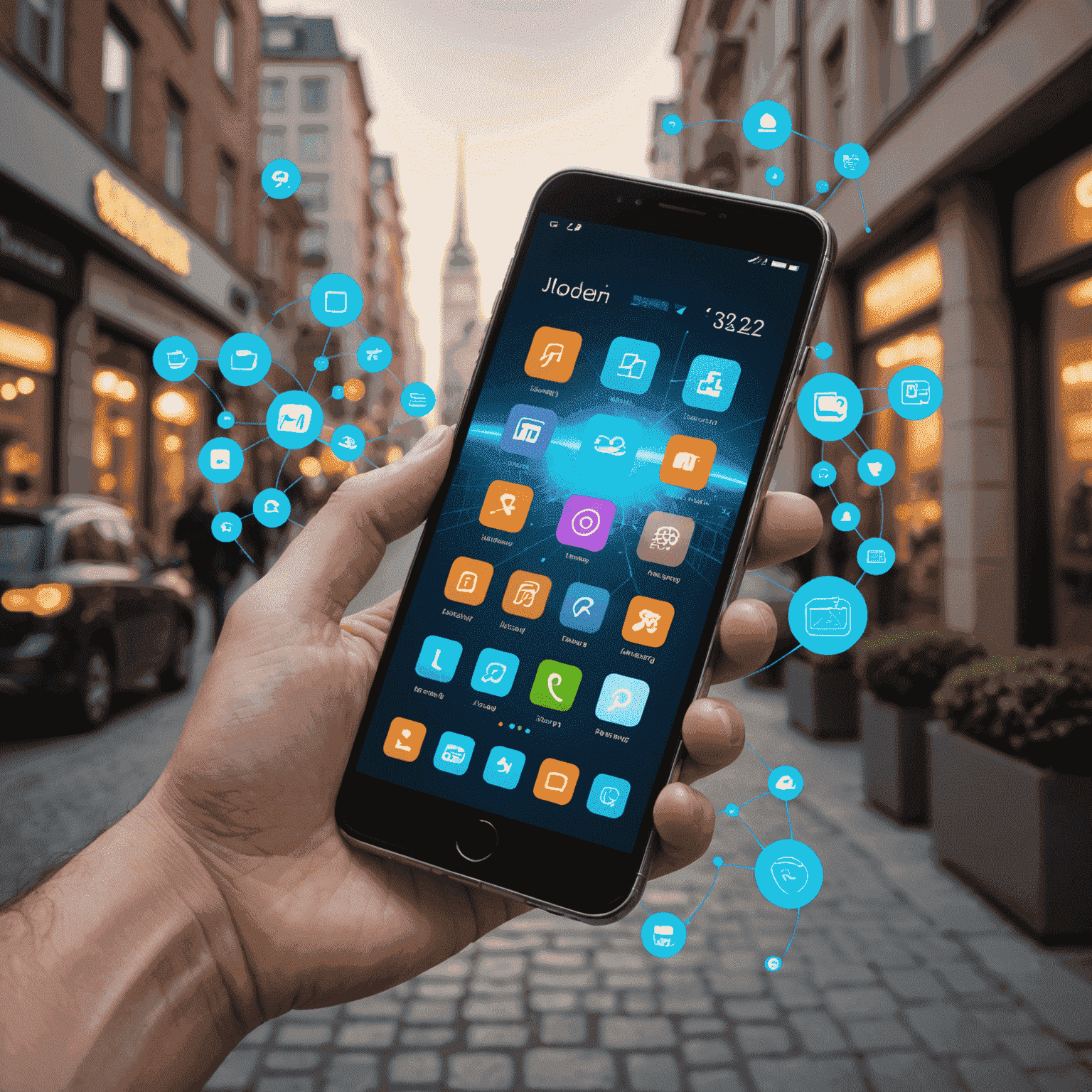 صورة توضيحية لتطبيقات الهاتف المحمول الحديثة في عام 2024، تظهر واجهات مستخدم متطورة وتقنيات الواقع المعزز
