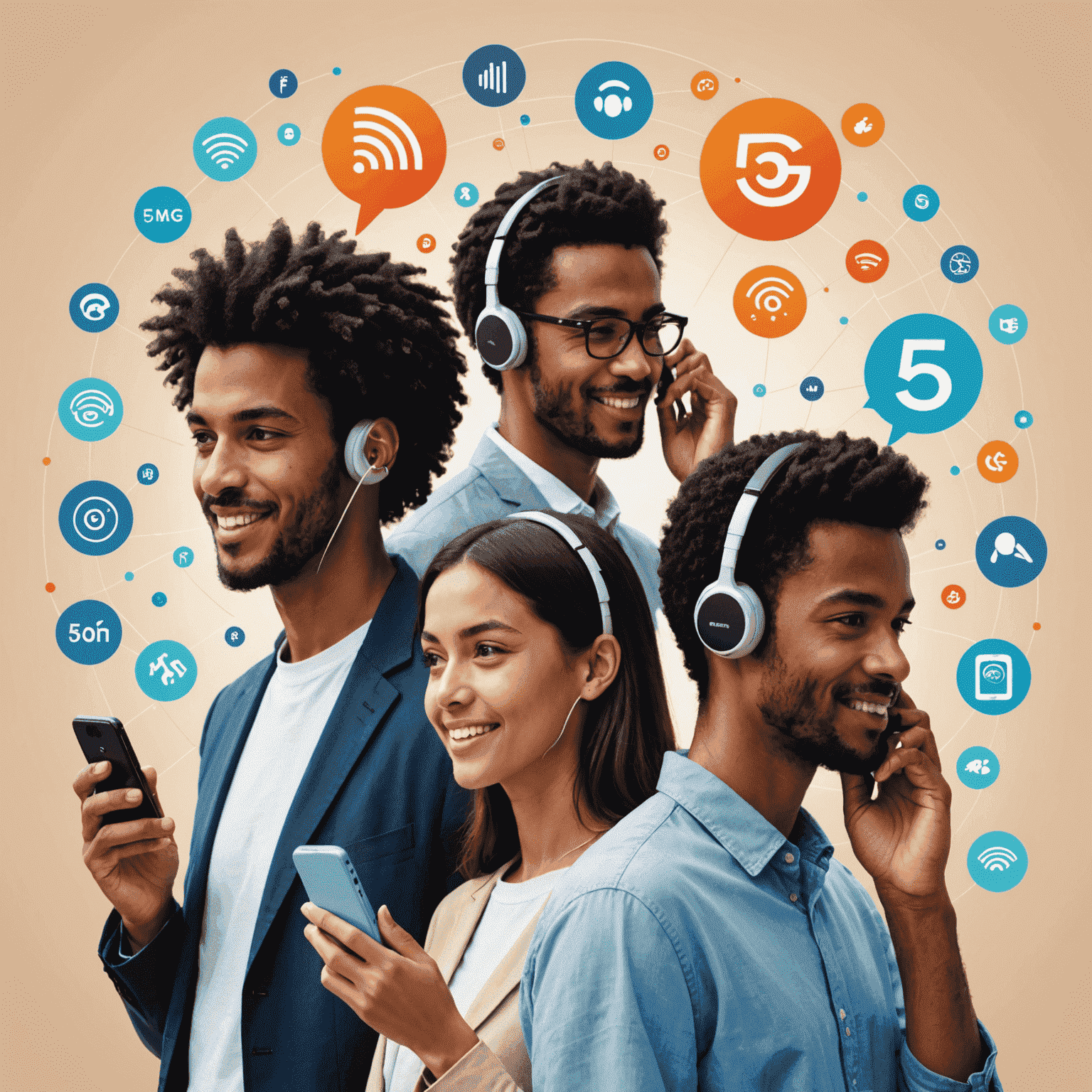 صورة توضيحية لخطط الصوت المختلفة، تظهر أشخاصًا يتحدثون على الهواتف المحمولة مع رموز 5G في الخلفية