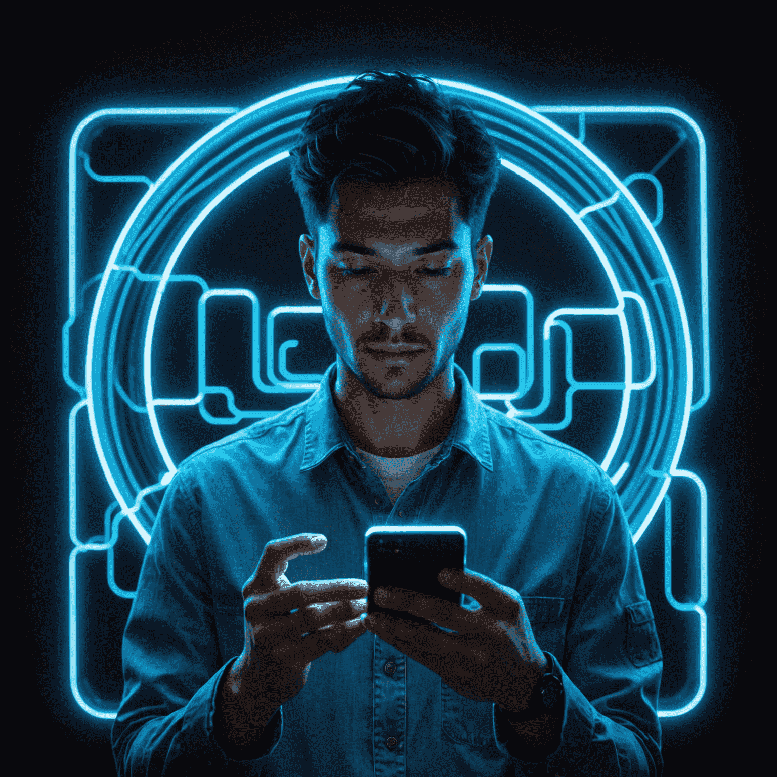 شخص يستخدم هاتفًا ذكيًا محاطًا بتأثيرات ضوئية نيون زرقاء، يمثل سرعة وجودة خدمات الاتصال