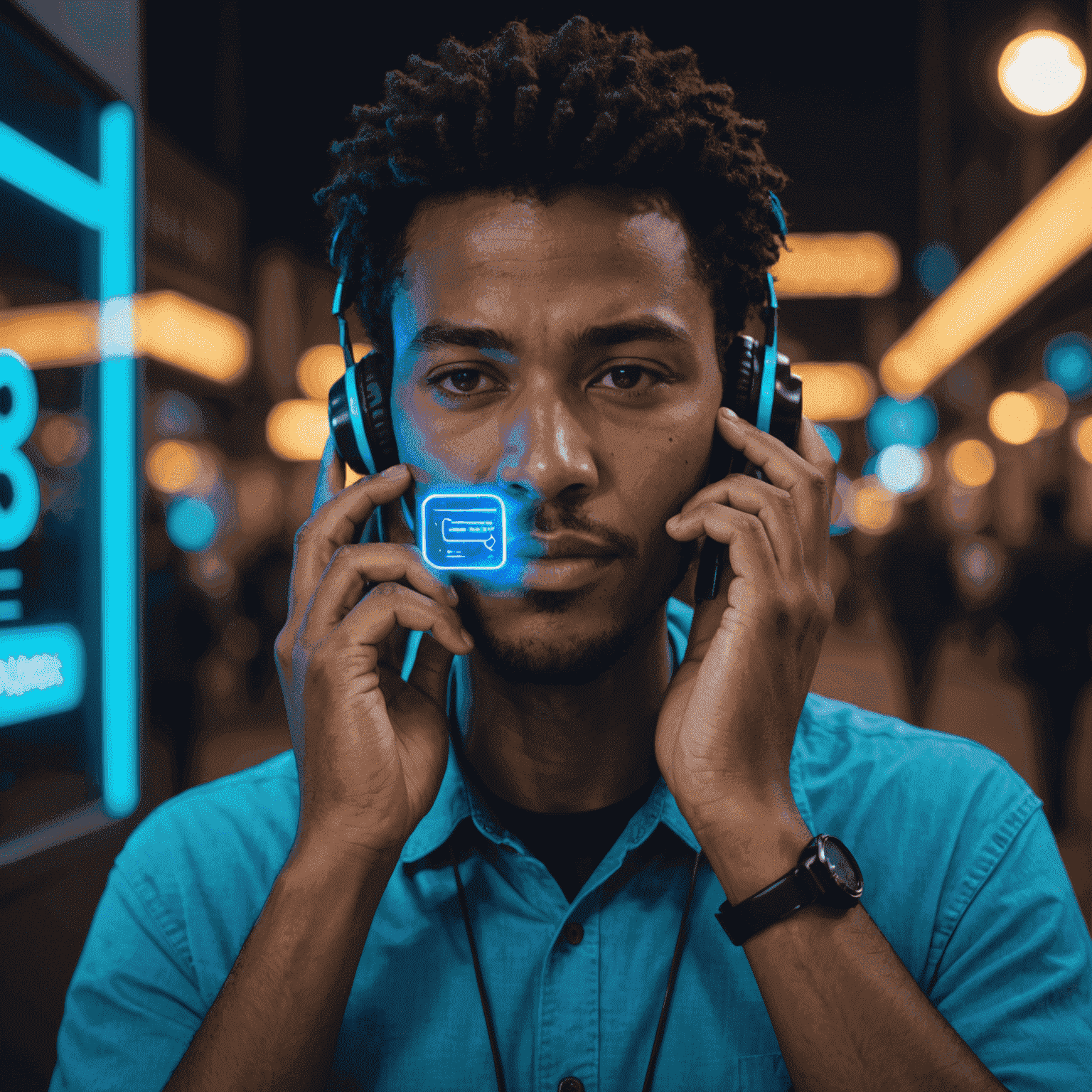 صورة لشخص يستمع إلى البريد الصوتي على هاتفه المحمول، مع واجهة مستخدم نيون زرقاء تعرض رسائل صوتية