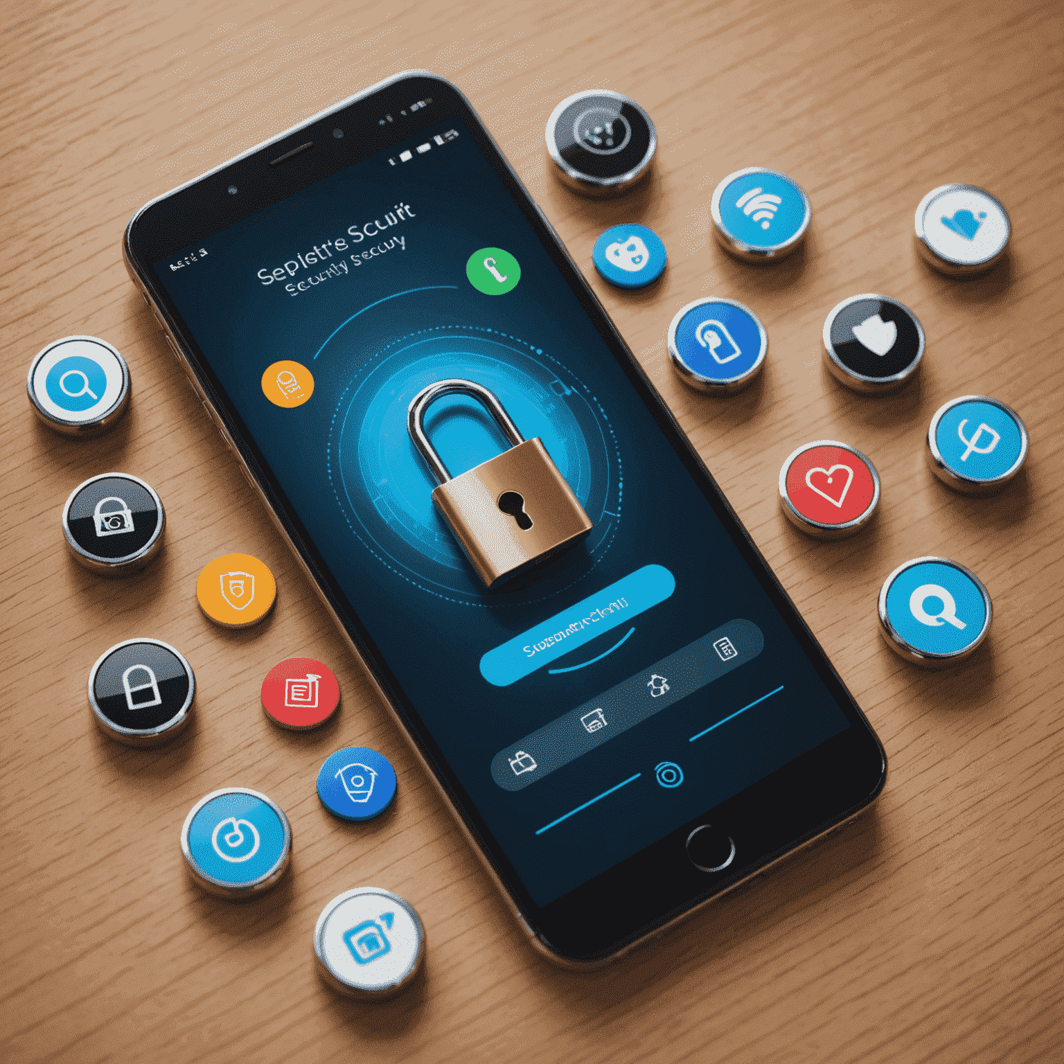 صورة توضح تدابير أمان الهاتف الذكي، تظهر قفل رقمي على شاشة هاتف ذكي مع رموز الأمان المختلفة