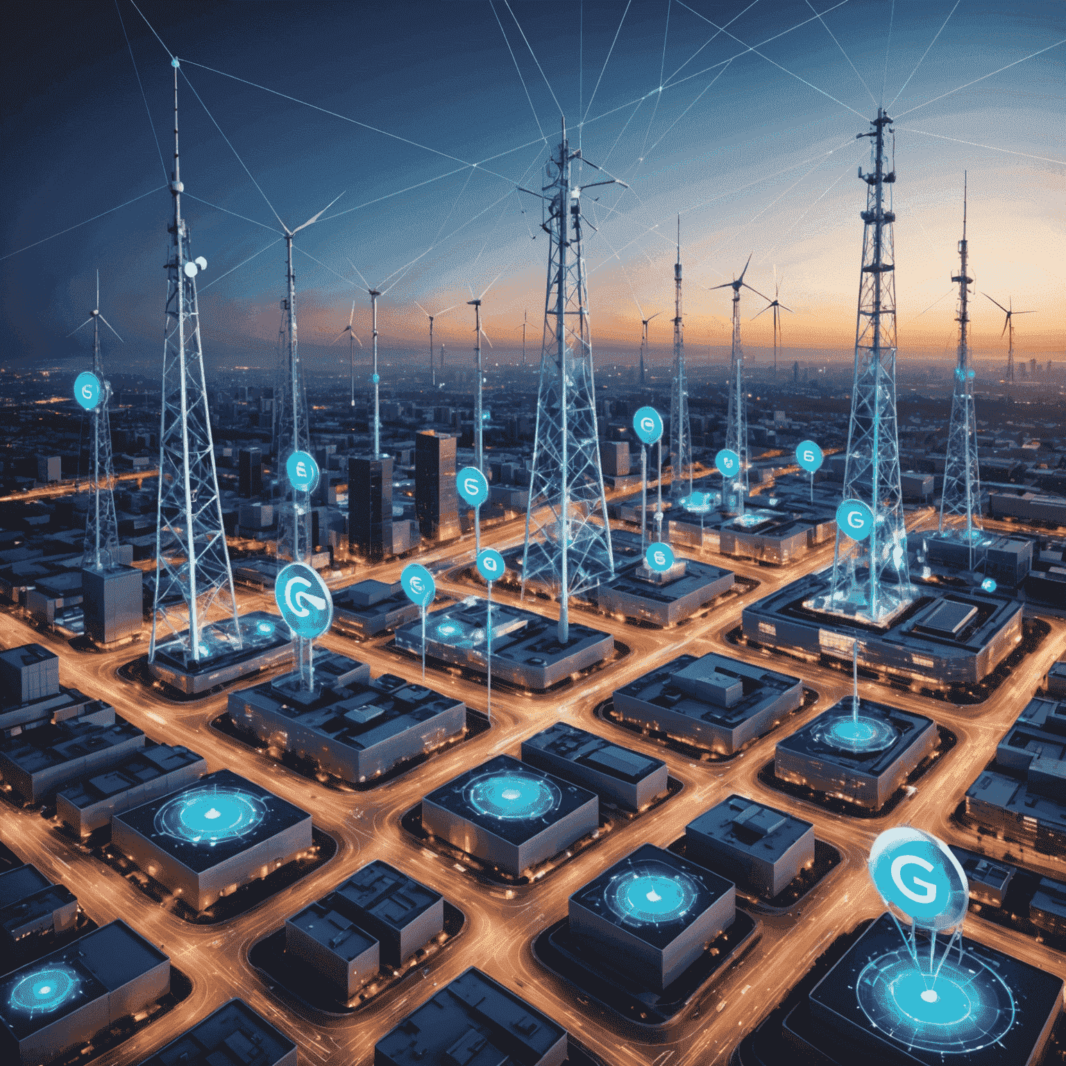صورة توضيحية لتكنولوجيا 5G في بيئة الأعمال تظهر أبراج اتصالات وأجهزة ذكية متصلة بشبكة عالية السرعة
