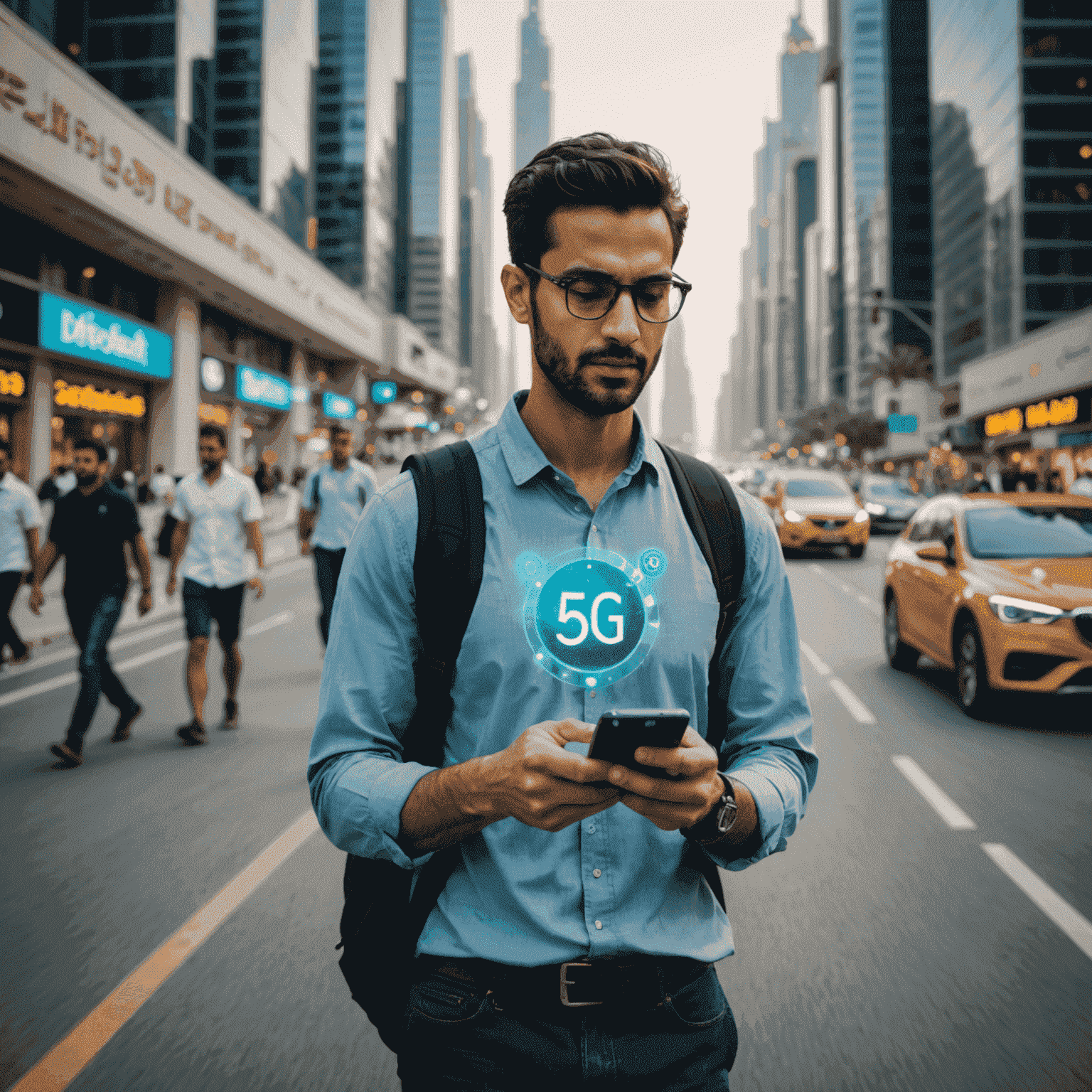 صورة لشخص يستخدم هاتفًا ذكيًا في شارع مزدحم بدبي، مع مؤشرات رقمية تظهر سرعة اتصال 5G الفائقة وانخفاض زمن الاستجابة